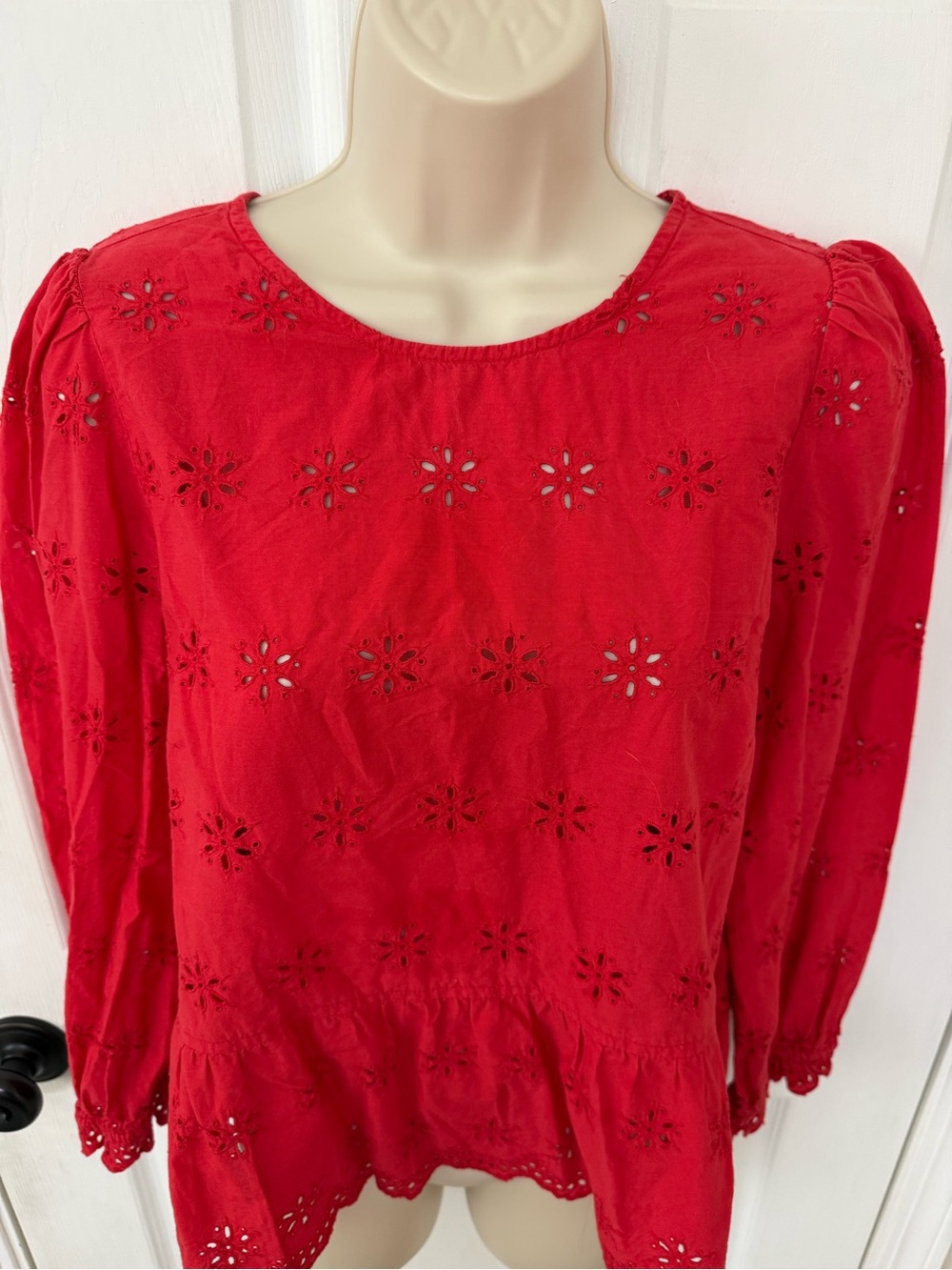 Madewell Eyelet Keyhole Peplum Top Red Cotton Blouse Medium - Picture 5 of 11